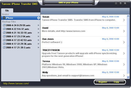 Click to view Tansee iPhone Transfer SMS 1.0.0.0 screenshot