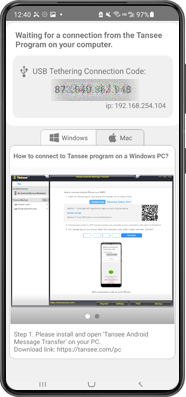 Option 3: Obtain USB Tethering Connection Code from Tansee App